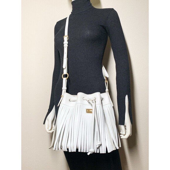 Dooney & Bourke Christa Drawstring Crossbody Bag White Leather Fringe Bucket - Picture 1 of 12
